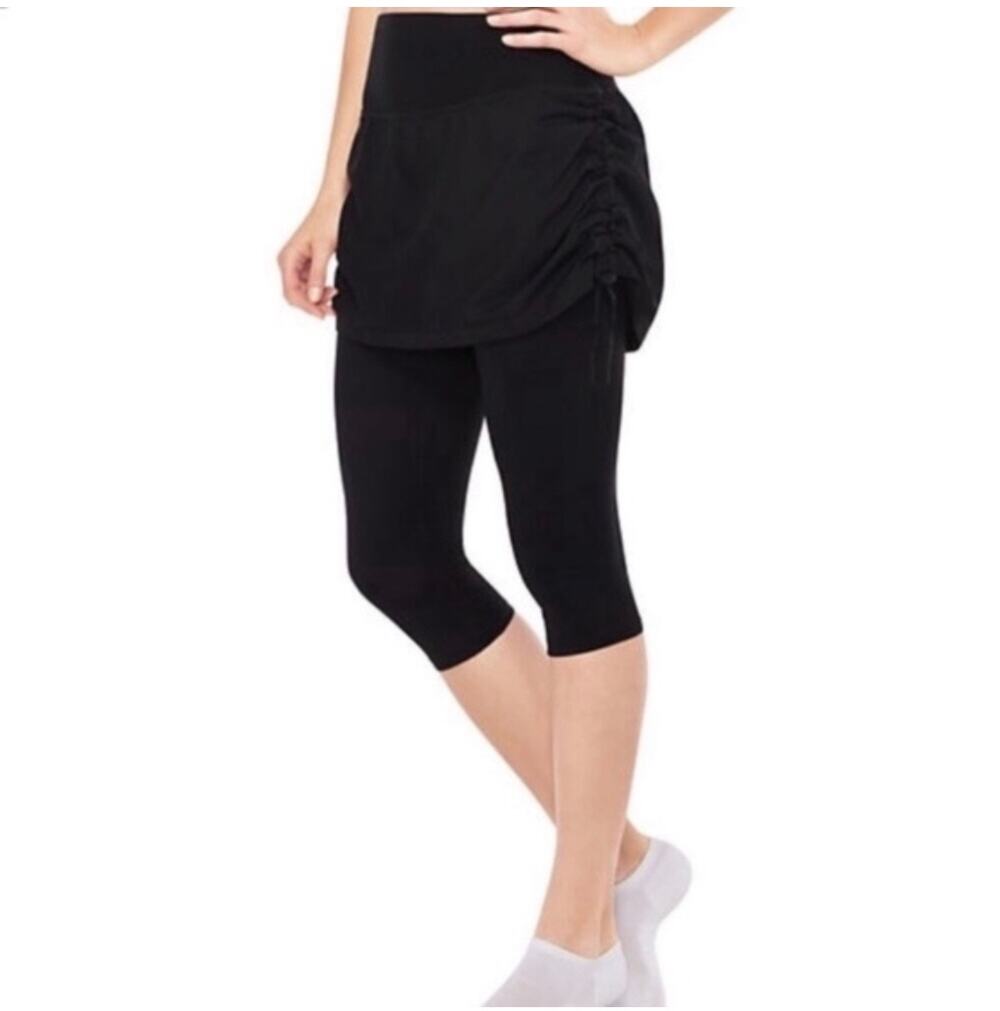 Spanx Leggings Womens Large Black Skirted Drawstring Cropped Capri Modest Active